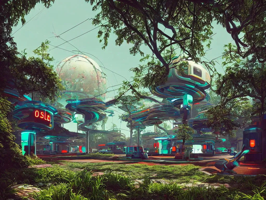 Prompt: 80s futuristic outdoor retro arcade, desolate, lush vegetation:: Simon Stålenhag and beeple and James Gilleard and Justin Gerard :: ornate, dynamic, particulate, intricate, elegant, highly detailed, centered, artstation, smooth, sharp focus, octane render, 3d