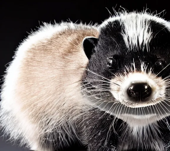 Image similar to elon musk skunk animal mixed together, closeup detailed, tesla car, studio photo