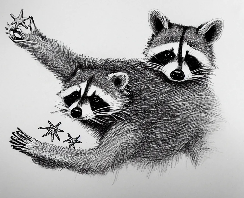 Image similar to detailed pencil sketch of a raccoon holding up and looking at a starfish, children's book