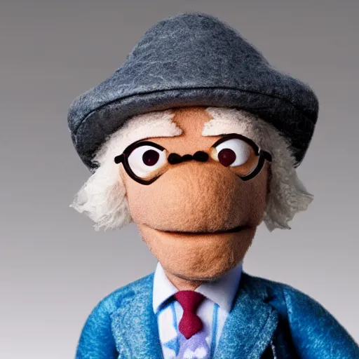 Image similar to larry david as a muppet. highly detailed felt. hyper real photo. 4 k.