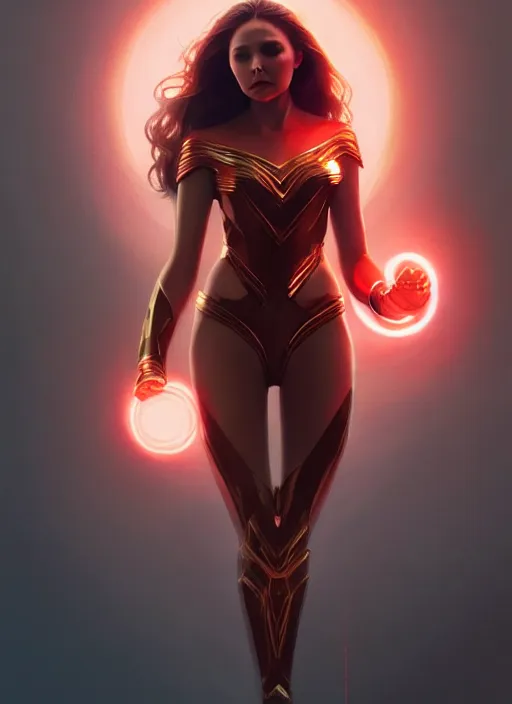 Image similar to portrait of modern darna, elizabeth olsen, intricate, elegant, glowing lights, highly detailed, digital painting, artstation, glamor pose, concept art, smooth, sharp focus, illustration, art by wlop, mars ravelo and greg rutkowski