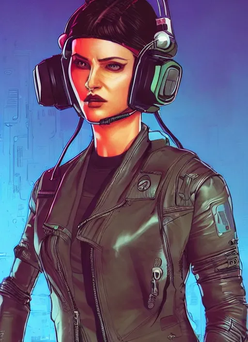 Image similar to Feminist Maria. Gorgeous female cyberpunk hacker wearing a cyberpunk headset, military vest, and jumpsuit. gorgeous face. Realistic Proportions. Concept art by James Gurney and Laurie Greasley. Moody Industrial skyline. ArtstationHQ. Creative character design for cyberpunk 2077.