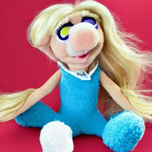 Image similar to very very cute blonde female muppet with blue eyes