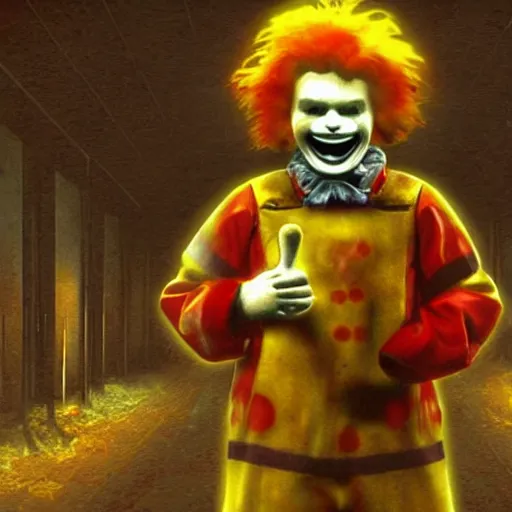 Image similar to Ronald McDonald in silent hill style. Creator is Paul Lehr