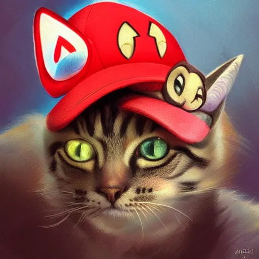 Image similar to Portrait of a Cat dressed as Super Mario, Mario hat, kawaii aesthetic, nintendo, highly detailed, digital painting, artstation, concept art, smooth, sharp focus, illustration, art by artgerm and greg rutkowski and alphonse mucha