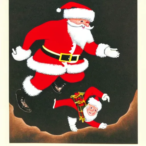 Image similar to santa claus pushing a midget down a cliff
