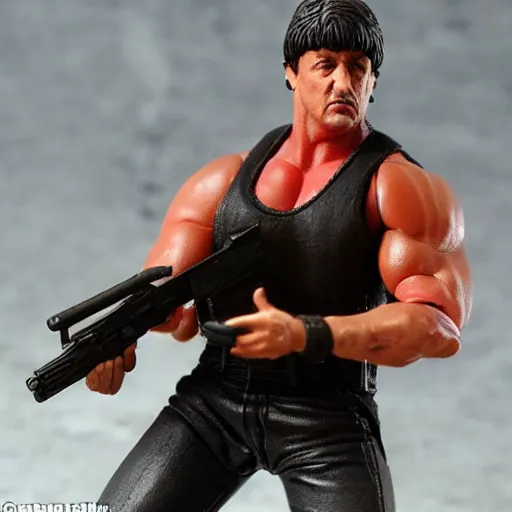 Prompt: an action figure of Stallone as Rambo. Big muscles. Holding a fully automatic rifle