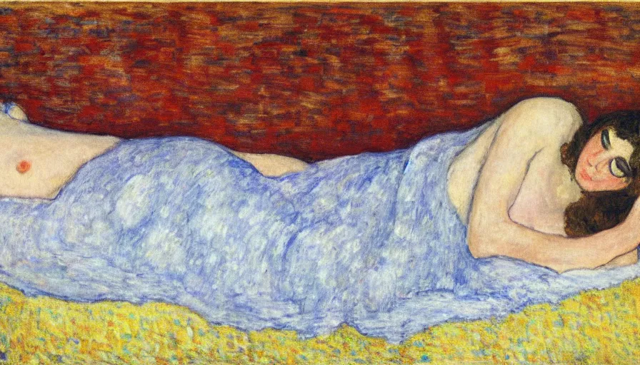 Image similar to woman with blue dress laying on the bed, by pierre bonnard