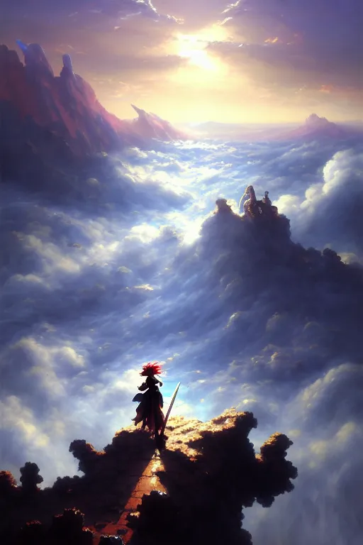 Image similar to baroque oil painting of anime key visual concept art of anime! wanderer above the sea of fog 1 8 1 8 with anime maid in armor set in grimdark fantasy, sunrays breaking through clouds, award winning, trending on artstation, palette knife! and brush strokes, oil on canvas, makoto shinkai greg rutkowski studio ghibli