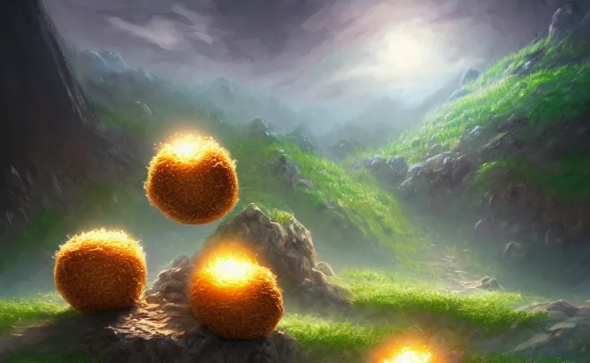 Image similar to magic : the gathering fantasy concept art of excited riceballs with excited expressions bouncing down a mountain path, by marco bucci, high resolution, the riceballs are bouncing up and down, rice granules scattered all around, balls of rice, bouncing, fantasy coloring, intricate, digital painting, artstation, smooth, sharp focus