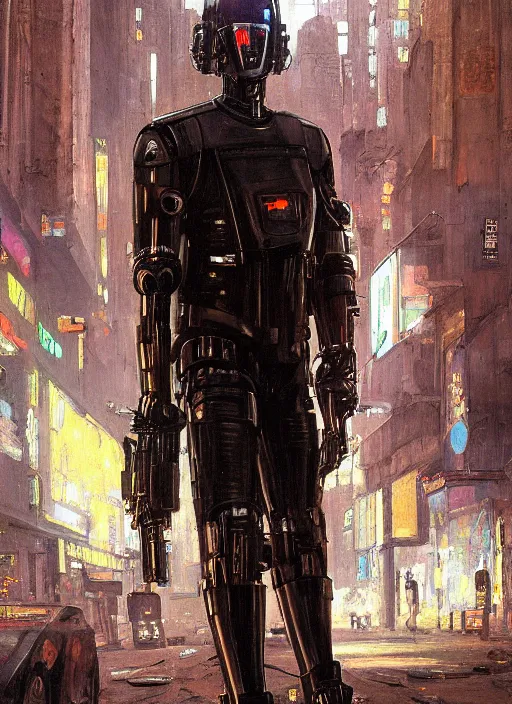 Image similar to Eliezer Nash. Menacing Cyberpunk police trooper wearing a combat vest and towering with robotic legs. (dystopian, police state, Cyberpunk 2077, bladerunner 2049). Iranian orientalist portrait by john william waterhouse and Edwin Longsden Long and Theodore Ralli and Nasreddine Dinet, oil on canvas. Cinematic, vivid colors, hyper realism, realistic proportions, dramatic lighting, high detail 4k