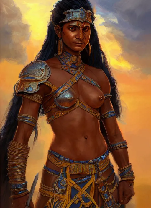 Prompt: highly detailed painting of a warrior goddess maldivian, tan skin, blue - eyes, high fantasy, dungeons and dragons art by jon foster trending on artstation