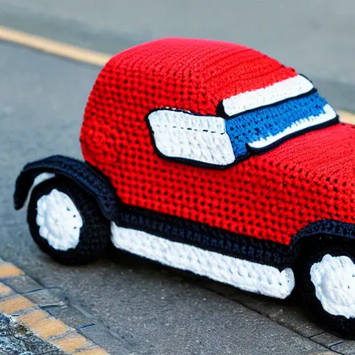 Image similar to Product image of a full size crochet car on the street. High resolution