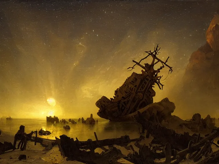 Prompt: an oil painting of an ancient shipwreck in the middle of an alien desert at dusk, aurora and stars light up the sky by carl spitzweg and tuomas korpi. baroque elements, full-length view. baroque element. intricate artwork by caravaggio. Trending on artstation. 8k