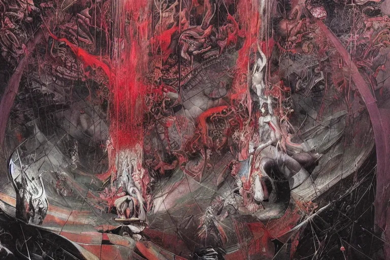 Prompt: The physical impossibility of death, in a brutalist architecture space ship, gothic, flowing rich deep colours, creepy, diabolical, dark, mystical, intrincate,painted by Francis bacon, Adrian ghenie, James jean and Petra cortright, Part Beksinski, part by Takato Yamamoto. 8k masterpiece