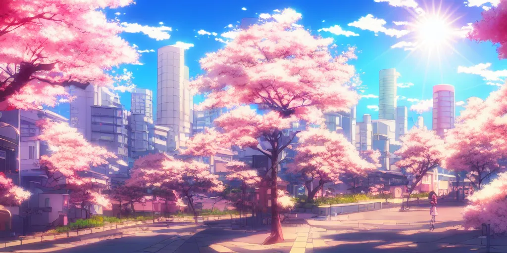 Prompt: anime art style cityscape, spring season anime city with cherry blossoms in the wind, day time sun in the sky, sun flare, clear weather, japan, detailed and sharp, artstation, wallpaper, kyoto animation productions