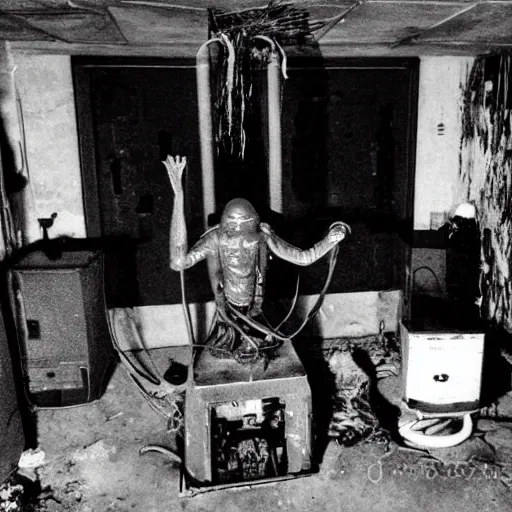 Prompt: a photograph photo security camera footage of insane cultists in a basement feeding a computer shrine to the machine wire god with their blood and tears