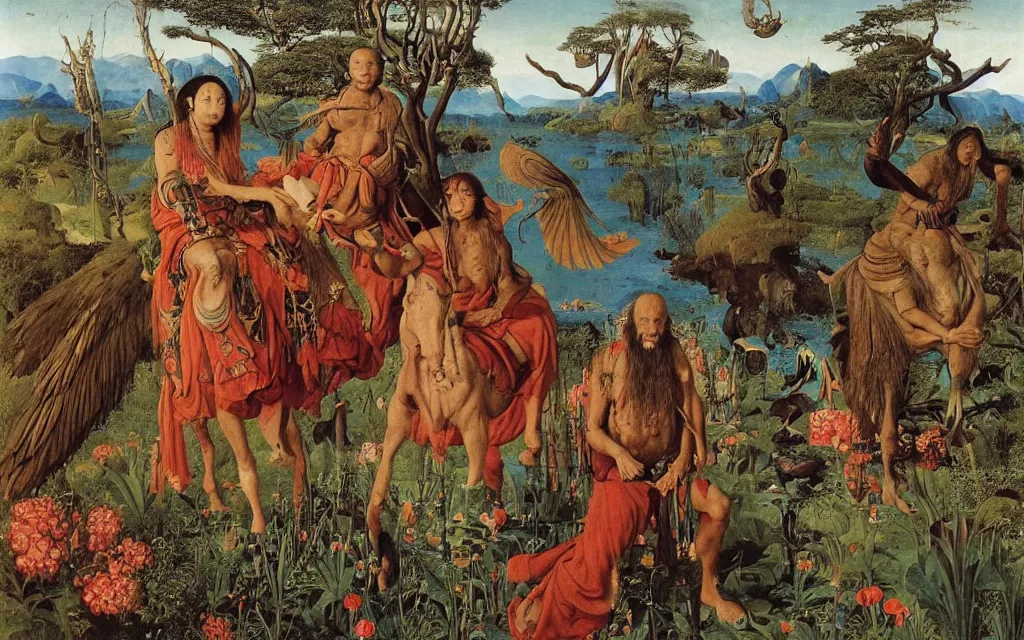 Image similar to a portrait photograph of a meditating shaman and a centaur monk riding a harpy and hunting at a river delta. surrounded by bulbous flowers and trees. mountain range under a blue sky of fiery stars. by jan van eyck, max ernst, ernst haeckel, ernst fuchs and artgerm, cgsociety, fashion editorial, 8 k