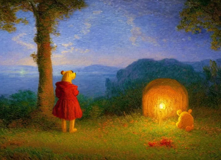 Image similar to romanticism impressionism landscape painting of winnie the pooh characters at night, night time, colorful paper lanterns, in the style of hudson river school and thomas cole and albert bierstadt and robert duncanson and vincent van gogh and claude monet