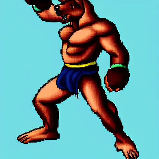 Prompt: full body portrait. 1 6 bit sega graphics. antropomorphic muscular masculine wolf, kickboxer fighter, in shorts, staying in night street. wolf head. furr on body. scysrapers on background