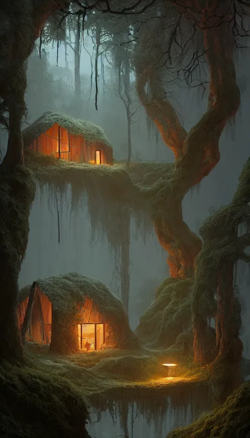 Image similar to cozy home in the woods moody lighting, soft light, dynamic lighting, complimentary colours, realistic, highly detailed, by kim jung giu zdzisław beksinski and greg rutkowskiweta studio, and lucasfilm, colours