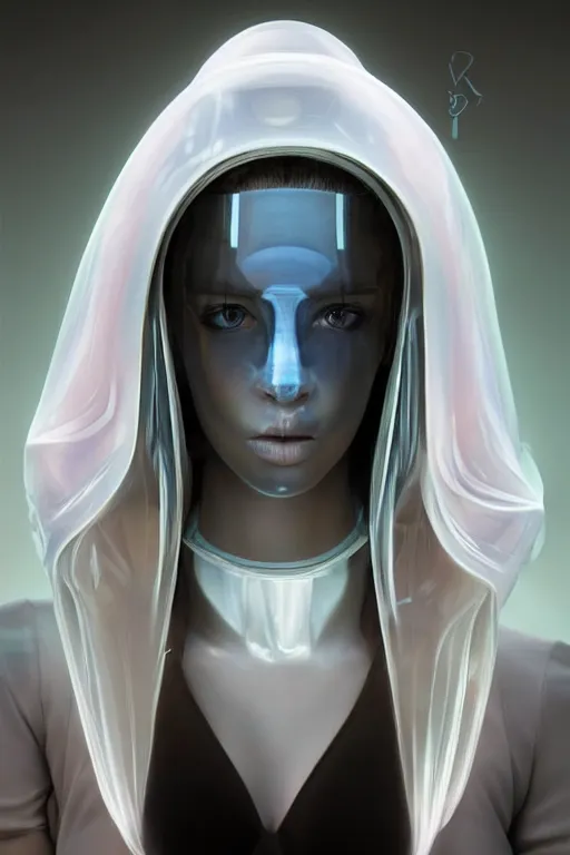 Image similar to a beautiful half body image of a futuristic android with body made of translucent plastic, long hair made of cellophane with a plastic hood and mechanical internal parts, symmetrical and realistic proportions by Irakli Nadar, tom bagshaw, Charlie Bowater with details by Jason Felix, furio tedeschi, face by ilya kuvshinov, artgerm, cinematic backlit lighting, beauty retouch, elite, photo realistic, octane render, hyper real, ultra detailed, trending on artstation pinterest and deviantart