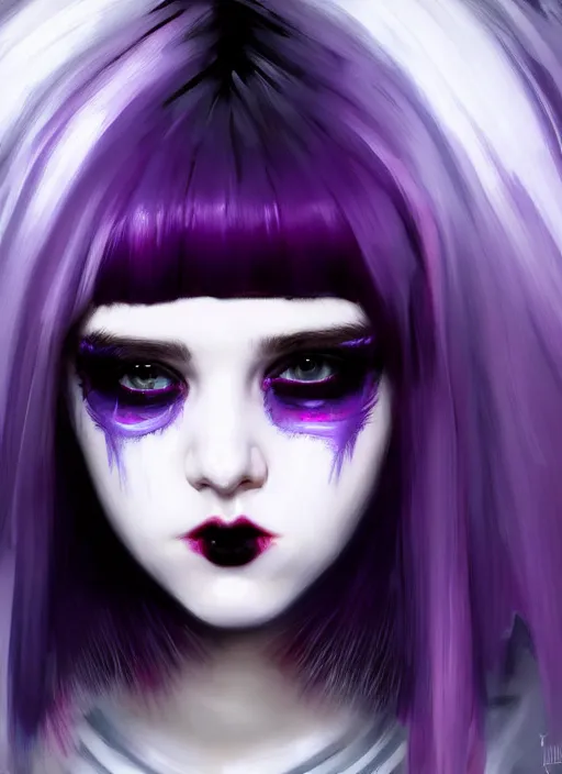 Image similar to portrait of white teenage girl, normal face, white bangs, mall goth, cyberlox, black and white hair, bangs, fluffy bangs, red contact lenses, purple lipstick, intricate, elegant, highly detailed, digital painting, artstation, concept art, sharp focus, smooth, illustration, art by wlop, mars ravelo and greg rutkowski