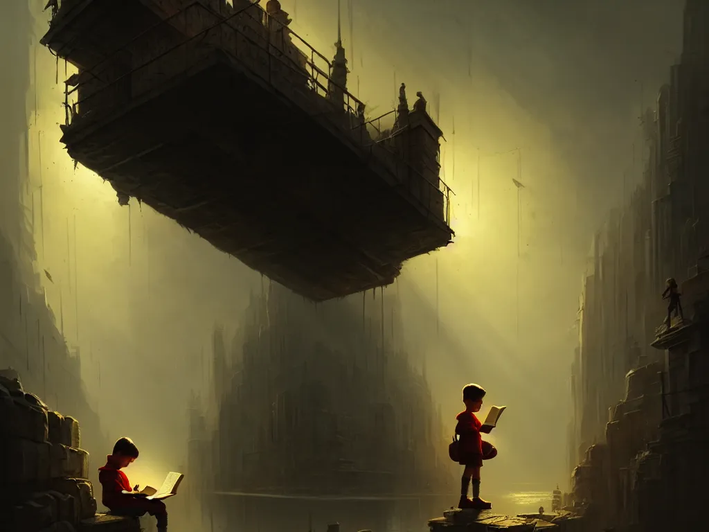 Image similar to kid reading a history book, dramatic lighting, cinematic, establishing shot, high detail, cinematic lighting, post processed, 8k, concept art, artstation, matte painting, in the style of eddie mendoza, raphael lacoste, alex ross