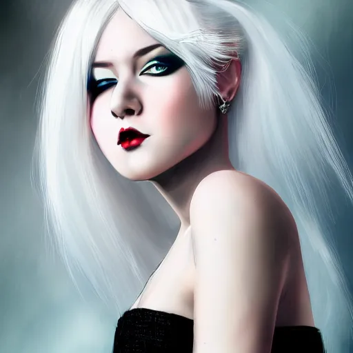 Image similar to Young woman, white hair, emo makeup, wearing dress, hyper realism, high detailed, 4k,