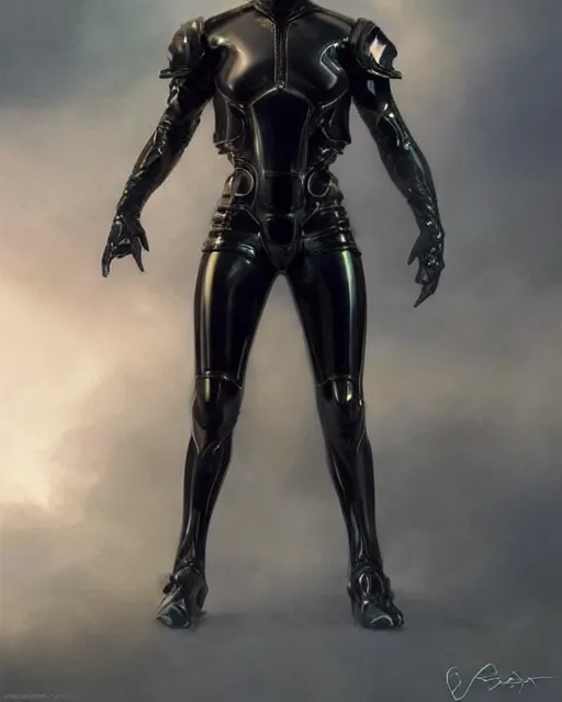 Image similar to iridescent sinewy smooth muscular male sleek glossy black pearlescent scifi armor with smooth black featureless helmet, by greg rutkowski, mark brookes, jim burns, tom bagshaw, magali villeneuve, eve ventrue, trending on artstation