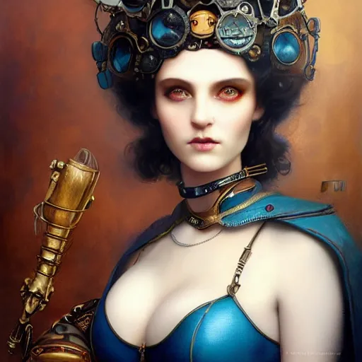 Image similar to by tom bagshaw, ultra realist vivid soft painting of a carnival of curiosities, single curvy flirt etheral young steampunk female in a full ornated armor gears breathtaking almond blue eyes, cables, led, flying machinery, partial symmetry accurate features, very intricate details, focus, award winning, ultra dense fog
