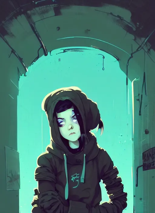 Image similar to highly detailed portrait of a sewer punk lady student, blue eyes, hoodie, cloudy curly white hair by atey ghailan, by greg rutkowski, by greg tocchini, by james gilleard, by joe fenton, by kaethe butcher, gradient green, black, brown and cyan color scheme, grunge aesthetic!!! ( ( graffiti tag wall background ) )