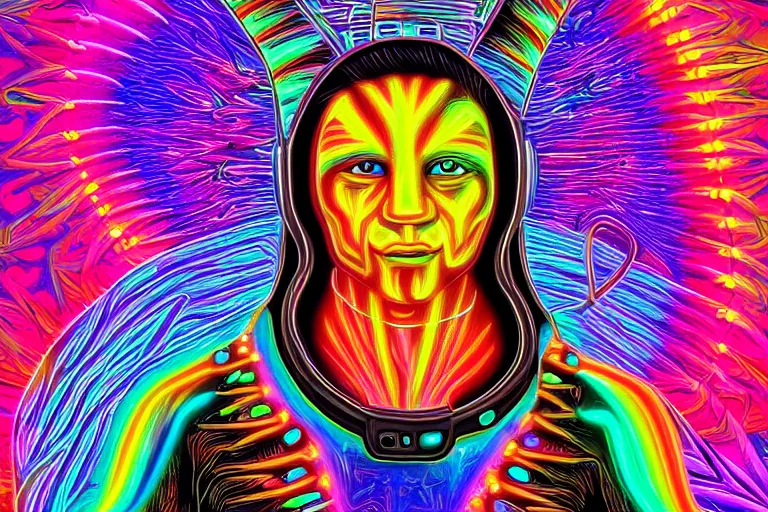 Prompt: digital art of a native american astronaut by alex grey, vibrant, neon, glows, lights, ambient lights, flooko,