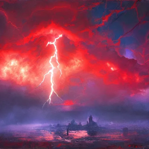 Prompt: a evil red storm brewing, eerie, death, lightning, end of world, eldritch, craig mullins