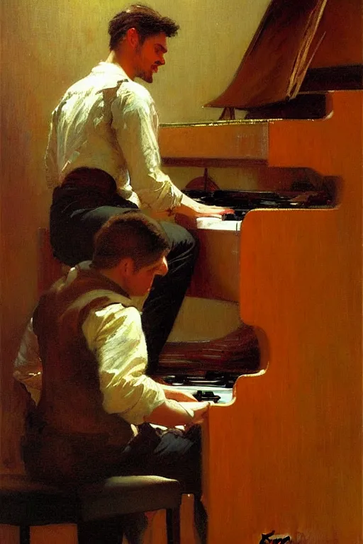 Image similar to attractive man playing piano, painting by gaston bussiere, craig mullins