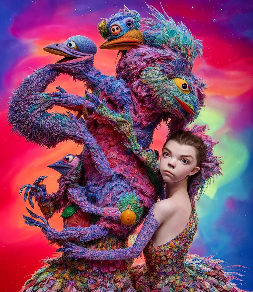 Image similar to hyper detailed 3d render like a Oil painting - kawaii portrait of lovers hugging or kissing pecking adorably Aurora (a beautiful girl skeksis muppet fae princess protective playful expressive acrobatic from dark crystal that looks like Anya Taylor-Joy) seen red carpet photoshoot in UVIVF posing in scaly dress to Eat of the Strangling network of yellowcake aerochrome and milky Fruit and His delicate Hands hold of gossamer polyp blossoms bring iridescent fungal flowers whose spores black the foolish stars by Jacek Yerka, Ilya Kuvshinov, Mariusz Lewandowski, Houdini algorithmic generative render, golen ratio, Abstract brush strokes, Masterpiece, Edward Hopper and James Gilleard, Zdzislaw Beksinski, Mark Ryden, Wolfgang Lettl, hints of Yayoi Kasuma and Dr. Seuss, Grant Wood, octane render, 8k