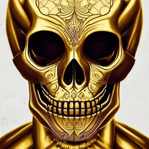 Image similar to symmetry!! portrait of a golden! skull trooper from fortnite, intricate, elegant, highly detailed, digital painting, artstation, concept art, smooth, sharp focus, illustration, art by artgerm and greg rutkowski and alphonse mucha