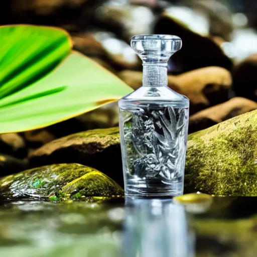 Prompt: perfume bottle sitting on a small clear tropical waterfall, close up shot, upfront, surrounded by tropical leaves, blurred tropical background, softly - lit, soft - warm, zen, light, modern minimalist f 2 0 clean