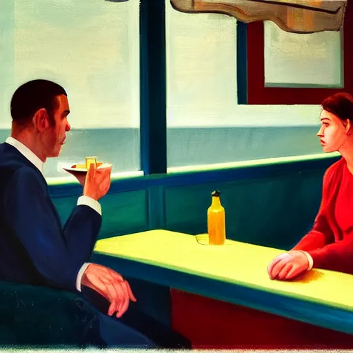 Image similar to a portrait of a sad man in a diner painted in the style of Edward Hopper, 4k,