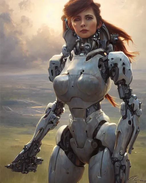 Image similar to daniel gerhartz and artgerm portrait digital rococo painting of a beautiful serious woman wearing a mecha suit, war torn battlefield in the background, glinting sunlight, unreal engine, hyper realism, realistic shading, cinematic composition, blender render, octane render, hdr, detailed textures, photorealistic, wide portrait shot, 3 5 mm film