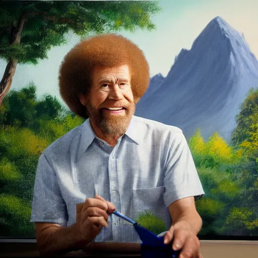 Image similar to a closeup photorealistic photograph of bob ross working on a canvas painting of spiderman. film still. brightly lit scene. mountains and trees. this 4 k hd image is trending on artstation, featured on behance, well - rendered, extra crisp, features intricate detail, epic composition and the style of unreal engine.