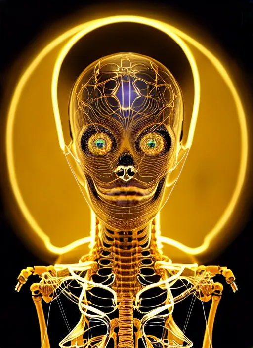 Image similar to full body illustration of a futuristic female golden mechanical skeleton with human face, wires, glowing internal light, hyperdetailed, by alex grey, intricate linework, faberge, intricate gold linework, dark atmosphere, unreal engine 5 highly rendered, global illumination, radiant light, detailed and intricate environment
