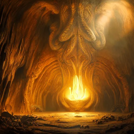 Prompt: a beautiful hyper realistic detailed matte painting of the interior of a cavern with a gold - trimmed statue of cthulhu in the center, dramatic lighting, dynamic lighting, cinematic lighting, lit by candlelight, by john howe and andreas rocha, unreal engine, featured on artstation, featured on behance, ultrawide angle, f 8 : 1 0