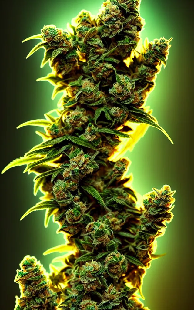 Prompt: epic scale cinematic marijuana goddess character concept perfect focus closeup macro photography of a beautiful marijuana bud crystals trichomes, densely packed buds of weed, sacred dmt weed superheroine visionary fantasy art by greg rutkowski android jones artgerm alphonse chroma rule of thirds golden ratio alien plants