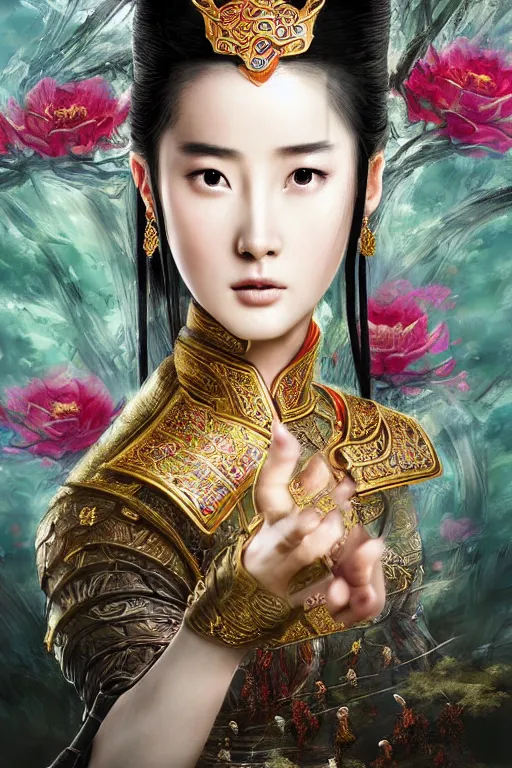 Prompt: beautiful ancient fantasy portrait of wuxia armored heroine, Liu Yifei, Zhao Lu Si wearing like Xian Xia wardrobe, in forbidden City, hybrid from Dynasty Warriror, flowers sea rainning everywhere, intricate, very very beautiful, elegant, highly detailed, digital painting, beautiful glowing galaxy eyes, artstation, fantasy concept art, smooth, sharp focus, illustration, art by alphonse mucha and WLOP and tian zi