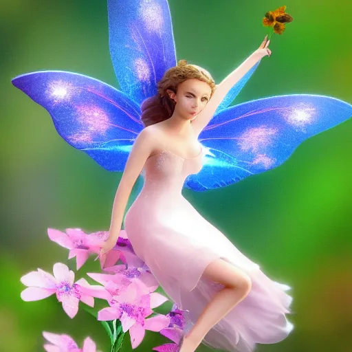 Prompt: the 1080 photo of the perfectly flawless beauty of the fairy as she hovered over a flower