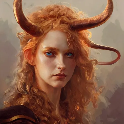 Image similar to A head-on detailed oil portrait of a distinguished elf woman with curly copper horns, long blonde hairs and bright irises, by greg rutkowski, trending on artstation, dungeon and dragons art