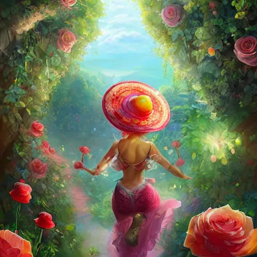 Prompt: portrait of princess peach, running up a hill of exotic flowers in the Mushroom Kingdom, giant mushrooms, and roses, from behind, streets, birds in the sky, sunlight and rays of light shining through trees, beautiful, solarpunk!!!, highly detailed, digital painting by Michael Garmash and Peter Mohrbacher