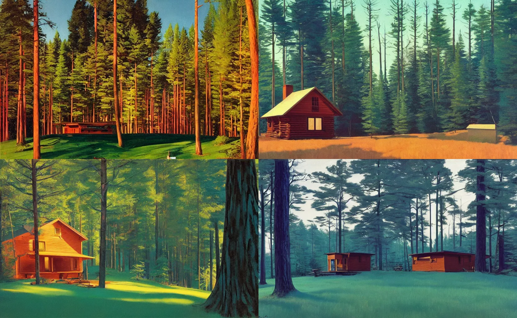 Prompt: A Lone Cabin in the Boreal Woods, painting by Syd Mead, Edward Hopper and William Eggleston