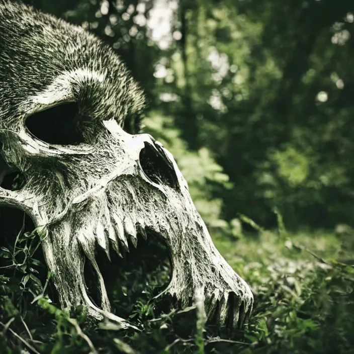 Image similar to overgrown foliage on a wolf skull, close - up, beautiful, lens flare, emotional, sweet